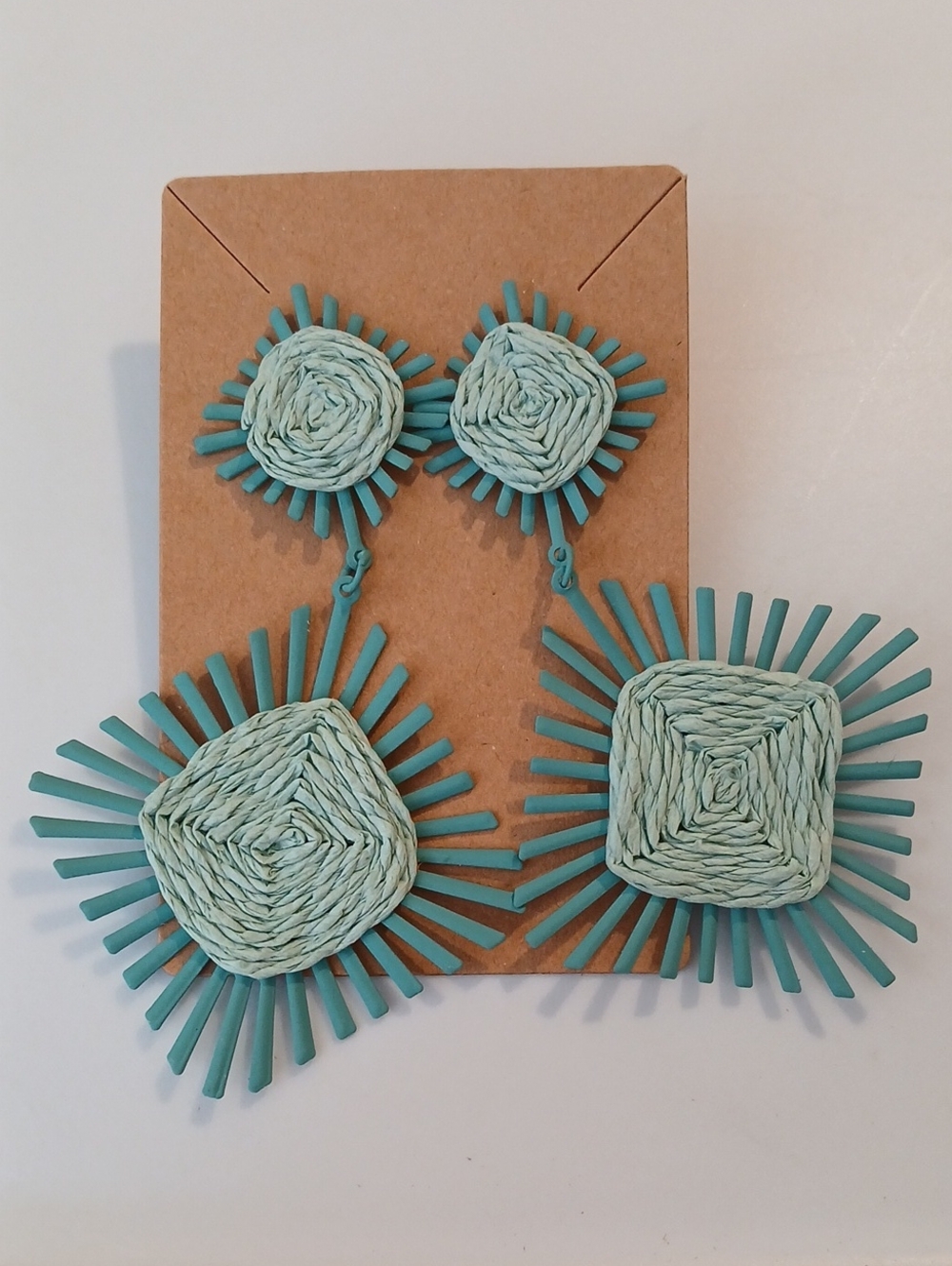 Turquoise Raffia Statement Dangle Earrings - Picture 3 of 4